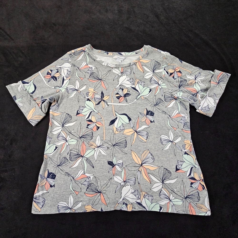 Liz Claiborne Gray Floral Short Sleeve Cotton T-Shirt Women's 2XL